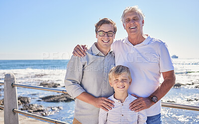 Buy stock photo Portrait, beach and grandfather with dad, son and time together for vacation, family and break. Seaside, men and group with summer holiday, generations and travel with happiness, water and love