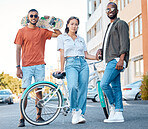 Fashion, Gen Z and skater friends portrait in road for hangout in Los Angeles neighbourhood. Skateboard, bike and diverse friendship with trendy people gathering for street leisure together.
 