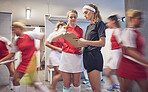 Sports, coaching and hockey with women in locker room for teamwork, fitness and planning. Checklist, health and motion with hockey player and mentor ready for games, wellness and exercise training