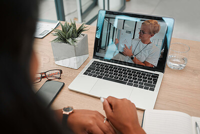 Buy stock photo Video call, laptop and online meeting, communication and business people, data analysis and annual report of business statistics. Video conference, desk and tech, virtual and digital collaboration.