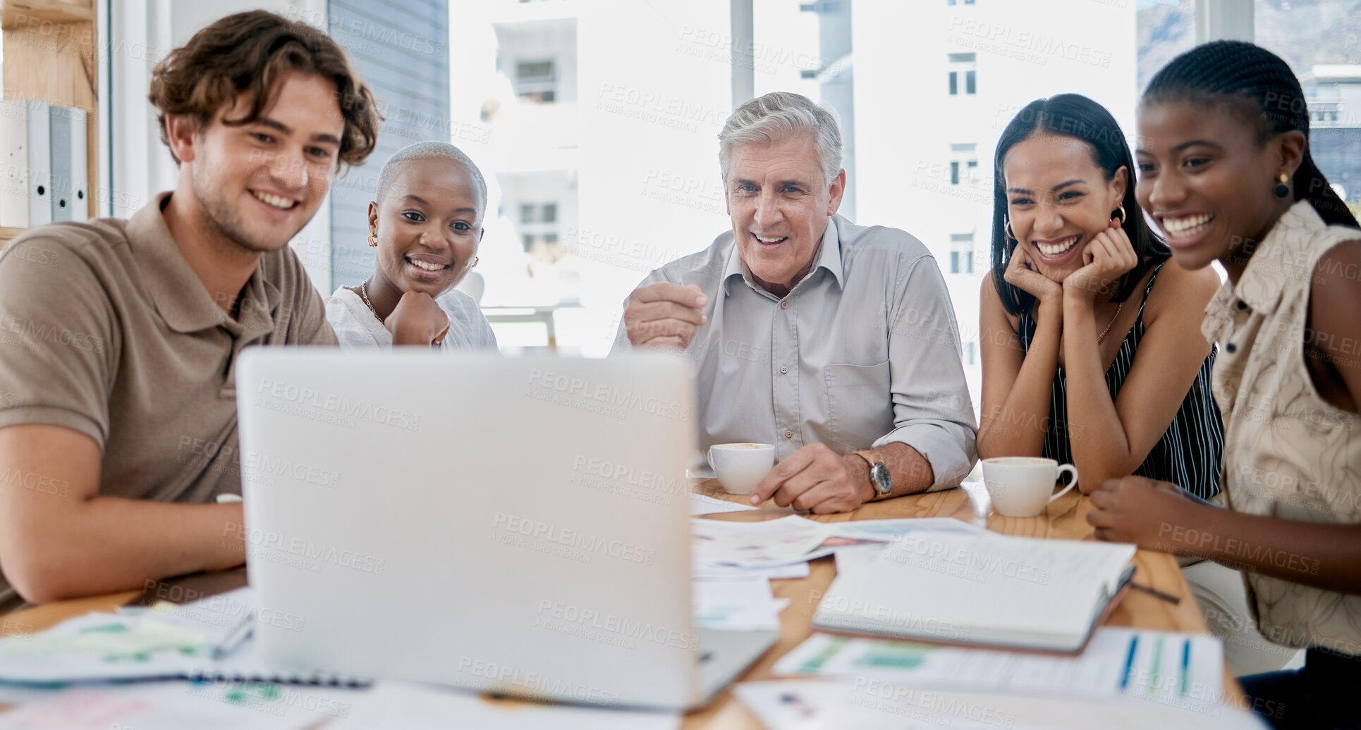 Buy stock photo Laptop, online meeting and team speaking to their colleague on a video call in an office. Collaboration, discussion and business people planning a strategy together with a video conference call.