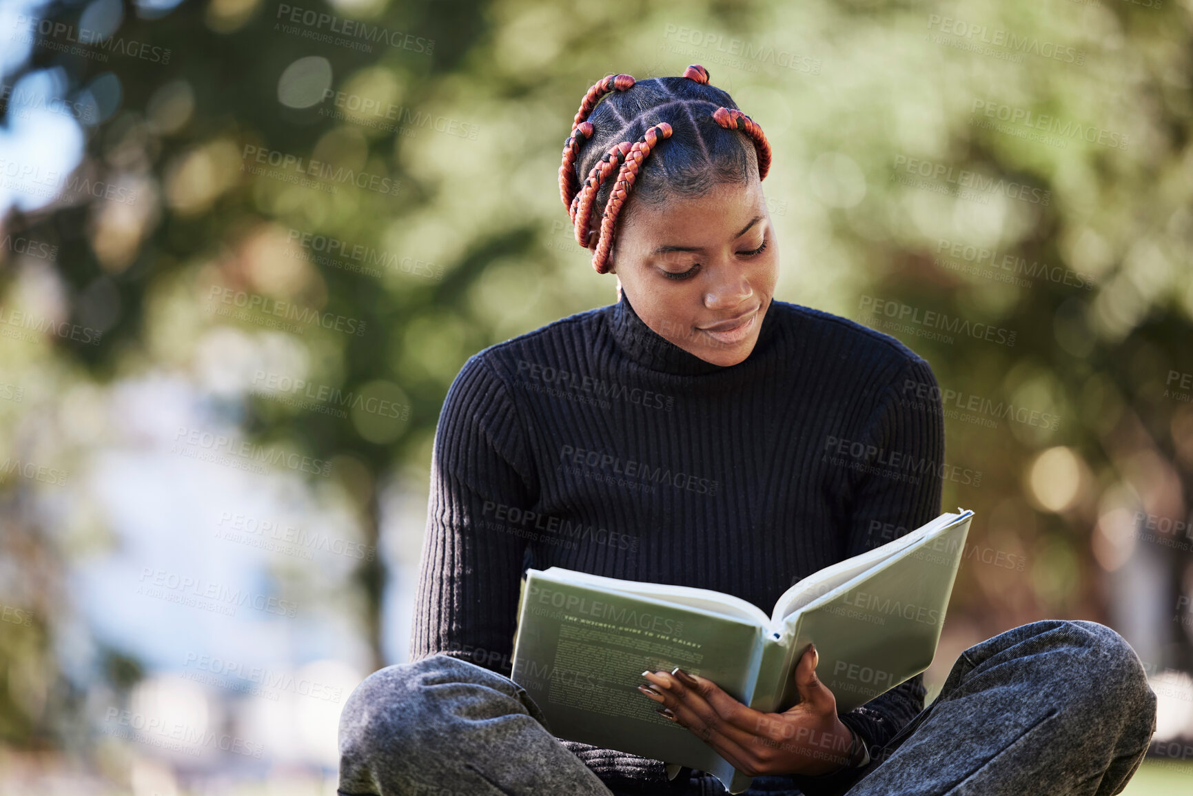 Buy stock photo Black woman, reading book or nature park, garden or environment field in college, university or school study. Student, notebook or campus graduate with learning goals, education target or scholarship