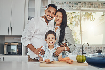 Buy stock photo Kitchen, family and portrait of mother, father and young child together cooking with happiness. Happy, smile and parent love of children in a house making food for dinner ready for eating at home