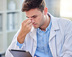 Headache, stress and tired doctor on tablet with anxiety, pain or overworked for healthcare research. Fatigue, burnout and medical professional frustrated, sad or angry for digital technology problem