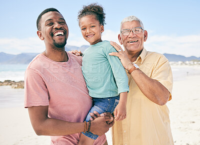 Buy stock photo Grandfather, dad and girl, portrait on beach holiday in South Africa with love and fun together. Travel, happy black family and smile on face while bonding on summer vacation for African men and kid.