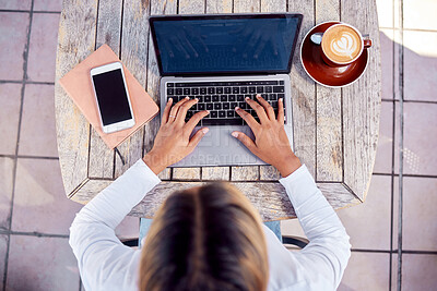 Buy stock photo Hands, laptop and woman from above with coffee, freelance writer typing with online remote work in cafe. Freelancer, blogger or content creator writing social media post, email or research article.