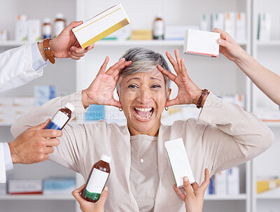 Buy stock photo Healthcare, stress and senior woman with medication for a sickness, flu or cold  at pharmacy. Crazy, burnout and portrait of mature female person shouting or screaming with medicine options in clinic