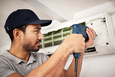 Buy stock photo Maintenance, air conditioning service and man with drill, working on ventilation filter or ac repair. Contractor, handyman or electric aircon machine expert problem solving cleaning dust and tools.