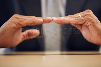 Buy stock photo Desk, hands and a person with car insurance or covering for safety or business. Office, investment and a man with a shelter or security for transportation, guarantee or premium support for a vehicle