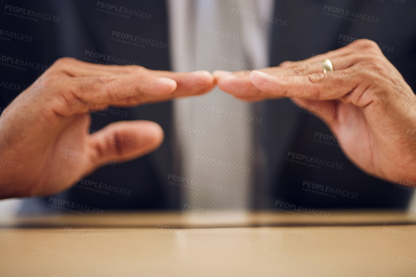 Buy stock photo Desk, hands and a person with car insurance or covering for safety or business. Office, investment and a man with a shelter or security for transportation, guarantee or premium support for a vehicle