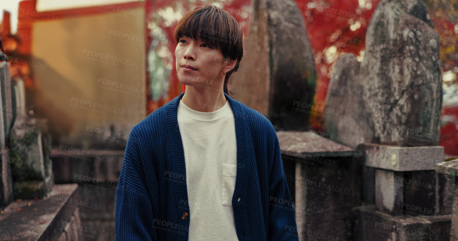 Buy stock photo Man, Japanese and outdoor temple for religious zen or adventure, holiday or culture. Male person, fushimi inari shrine and park for religion prayer or traditional experience for peace, god or worship