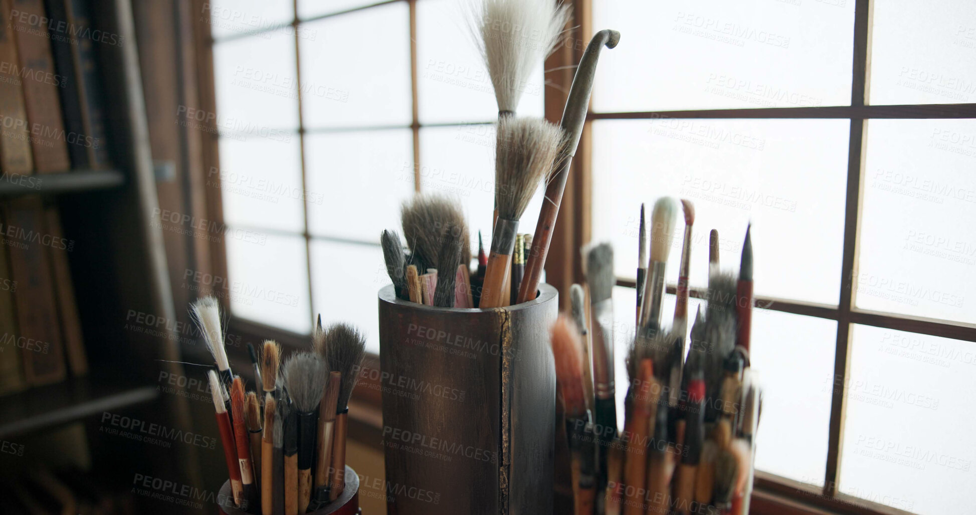 Buy stock photo Paint brush, equipment and supplies in empty studio closeup for art, creative or talent showcase. Workshop interior or room with still life objects for artistic creativity or artwork drawing