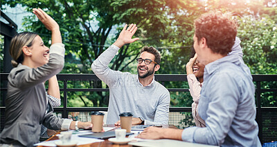 Buy stock photo Business people, high five and success at cafe meeting, communication and agreement on deal. Employees, team building and support or motivation for goals, celebration and coffee shop for sales win