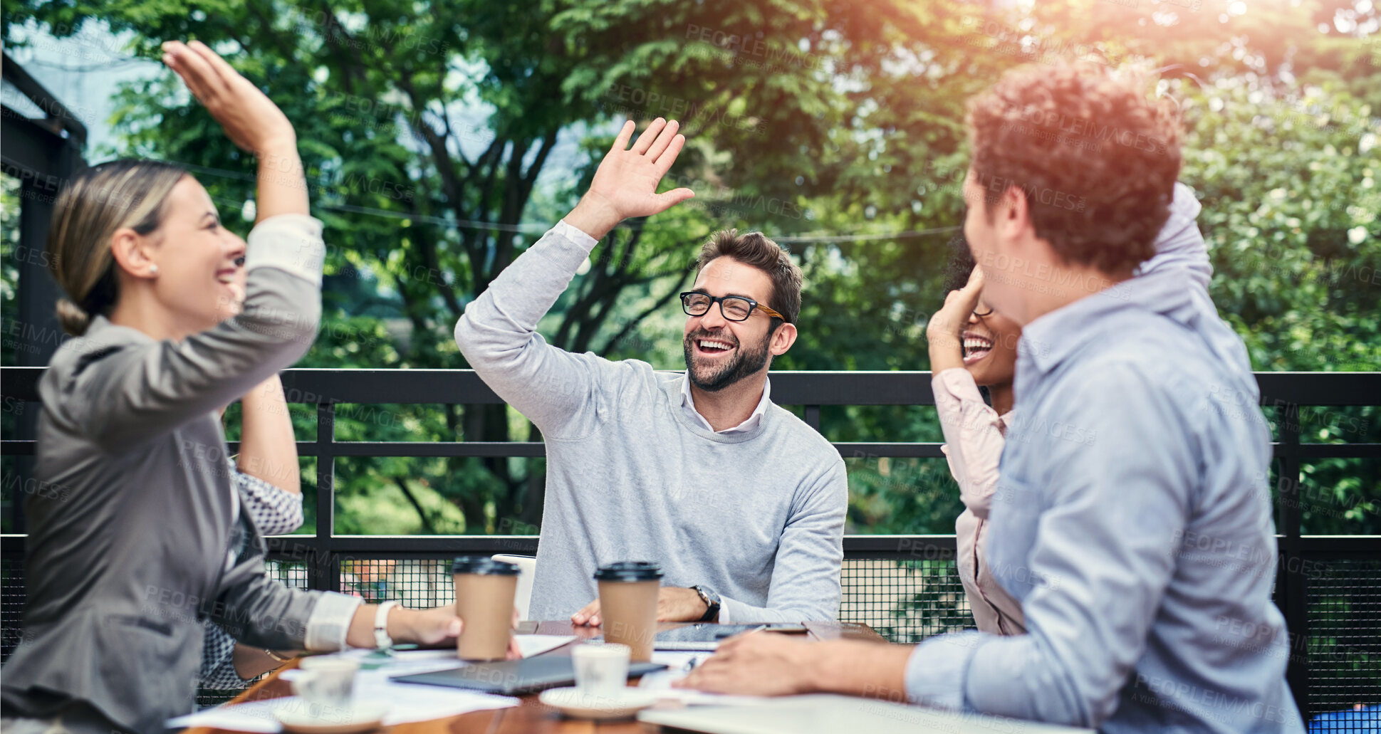 Buy stock photo Business people, high five and success at cafe meeting, communication and agreement on deal. Employees, team building and support or motivation for goals, celebration and coffee shop for sales win