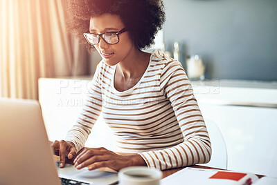 Buy stock photo Laptop, typing and woman in office for research on demographic survey for blog project. Reading, information and female copywriter on computer for email communication with creative journalism report.