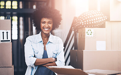 Buy stock photo Black woman, portrait and new home with boxes, moving and arms crossed on real estate, apartment or house. Female person, excited for property, investment or security for mortgage, freedom and peace