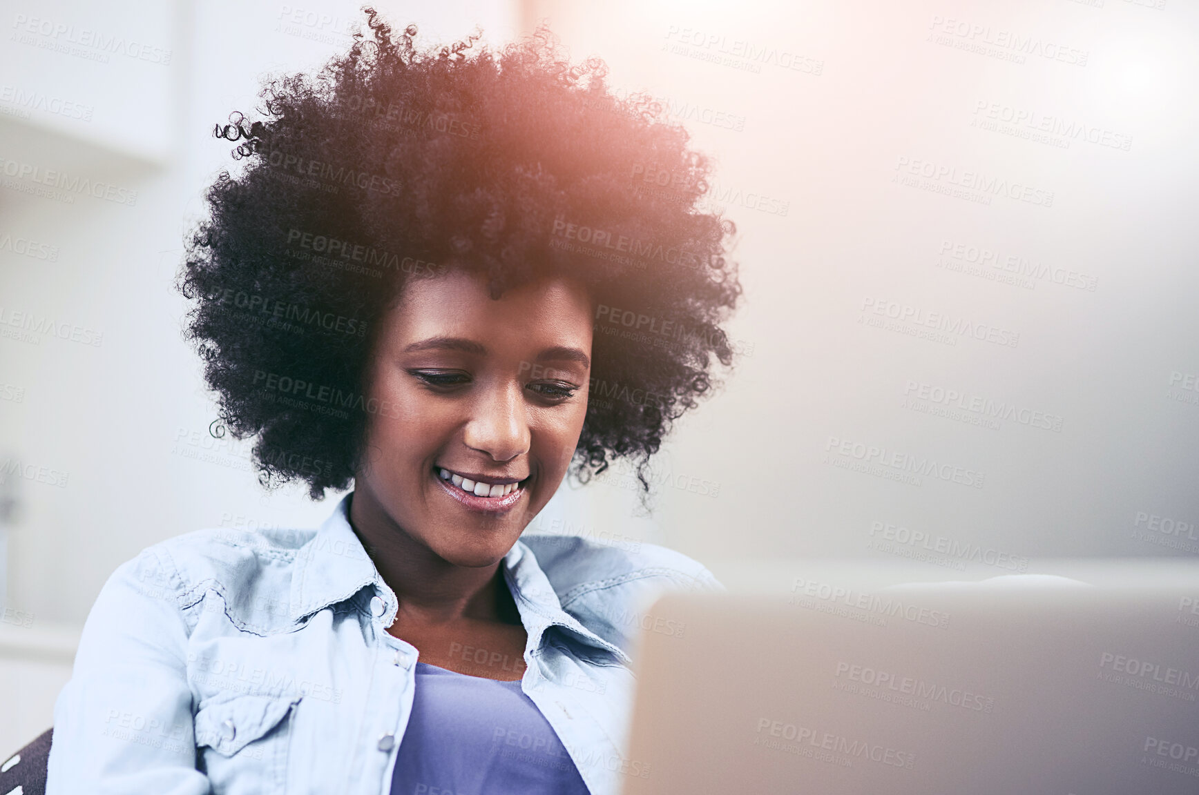 Buy stock photo Remote work from home, thinking and black woman with laptop, entrepreneur and research for project. African person, freelancer and copywriting with computer, logo designer and planning with startup