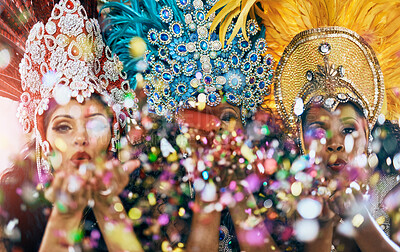 Buy stock photo Festival, confetti and portrait of women in Brazil with costume, blowing kiss and performance in city. Carnival, show girls and glitter at parade for party, culture and traditional samba dancers