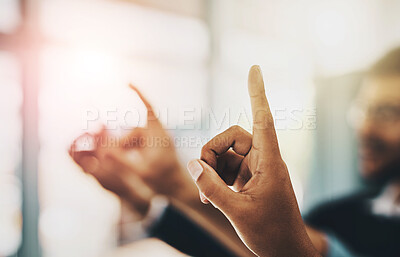 Buy stock photo Business meeting, people and finger with question in office for recruitment, training and presentation. Company, employees and hands with query for acquisition orientation, conference and feedback