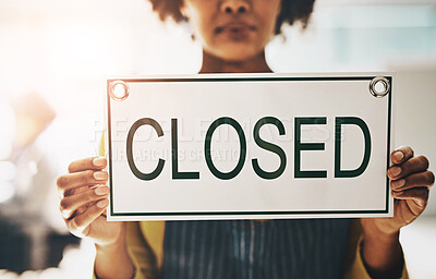 Buy stock photo Closed, hands and sign on coffee shop window with woman barista or waitress in financial crisis. Cafe, door or glass and person in restaurant to hang closing notice with small business in recession