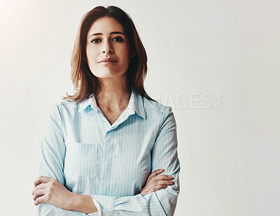 Buy stock photo Business, woman and confident with portrait in studio for career in logistics as supply chain manager or supervisor. Professional, arms crossed and white background for production planning with space