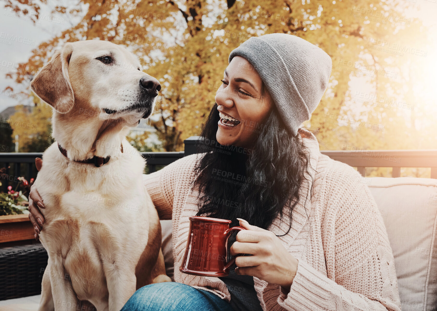 Buy stock photo Smile, woman and dog on bench with coffee, happy and love in autumn. Female person, mental health and emotional support animal in garden for adoption, therapy and relief from anxiety with labrador