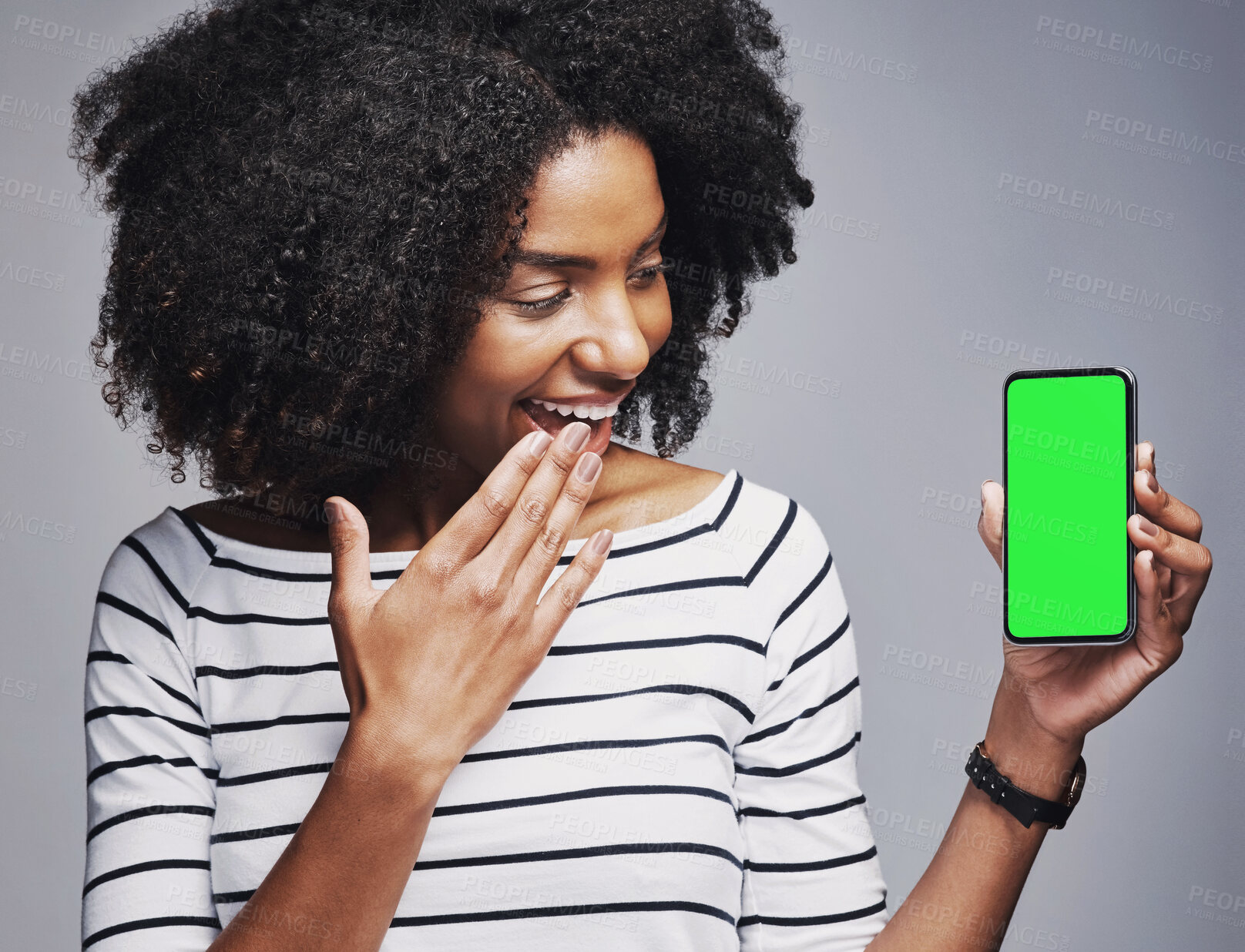 Buy stock photo Businesswoman, smile and surprised with phone in green screen for advertising company website and discount deal. Happy, person and smartphone with mockup space for promotion news on studio background