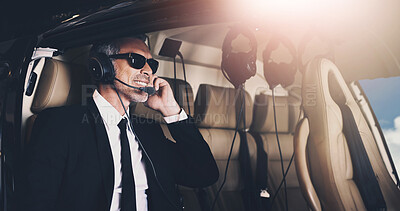 Buy stock photo Happy man, pilot and flying with headphones for travel or international trip for job or career opportunity on flight. Businessman with smile or headset on airplane for private journey or adventure