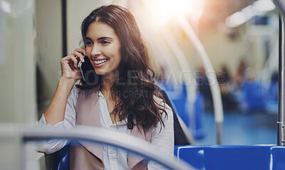 Buy stock photo Happy woman, travel and train with phone call for communication or conversation at station. Female person or tourist with smile on mobile smartphone for discussion on railway trip or public transport