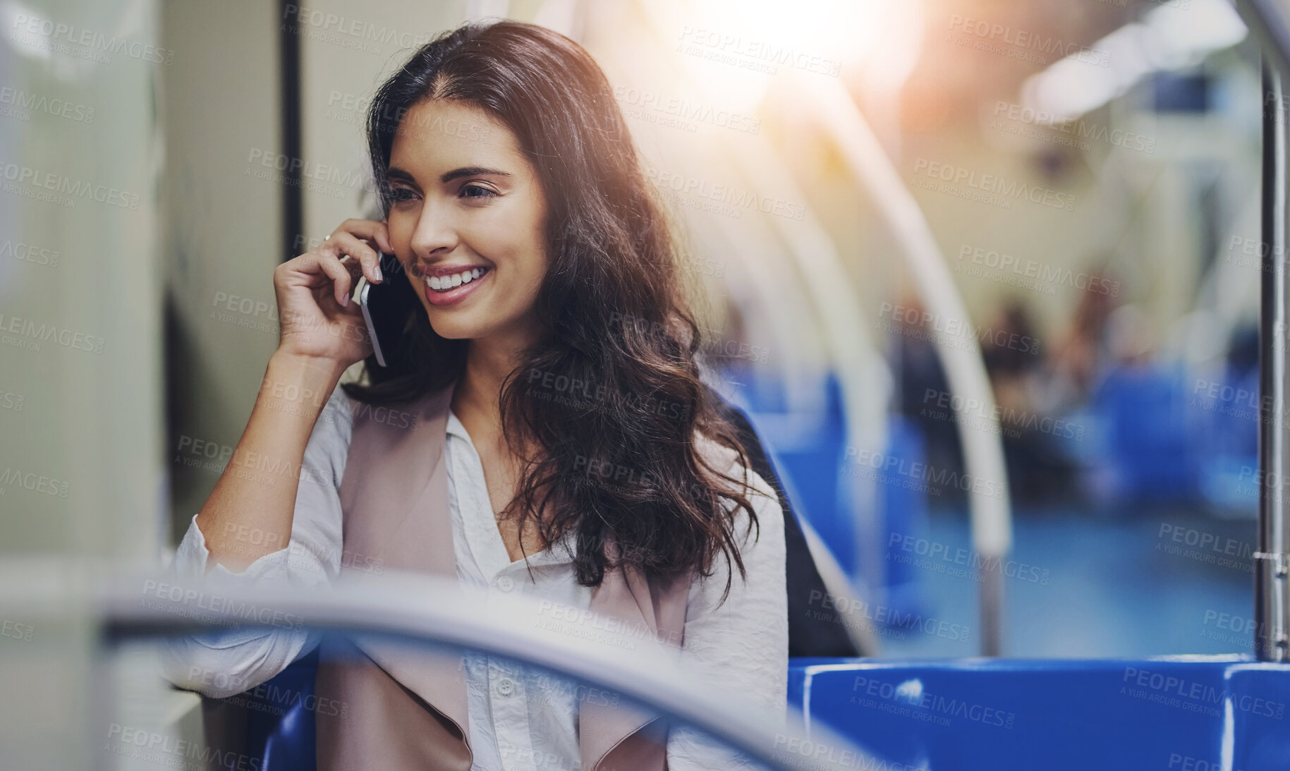 Buy stock photo Happy woman, travel and train with phone call for communication or conversation at station. Female person or tourist with smile on mobile smartphone for discussion on railway trip or public transport