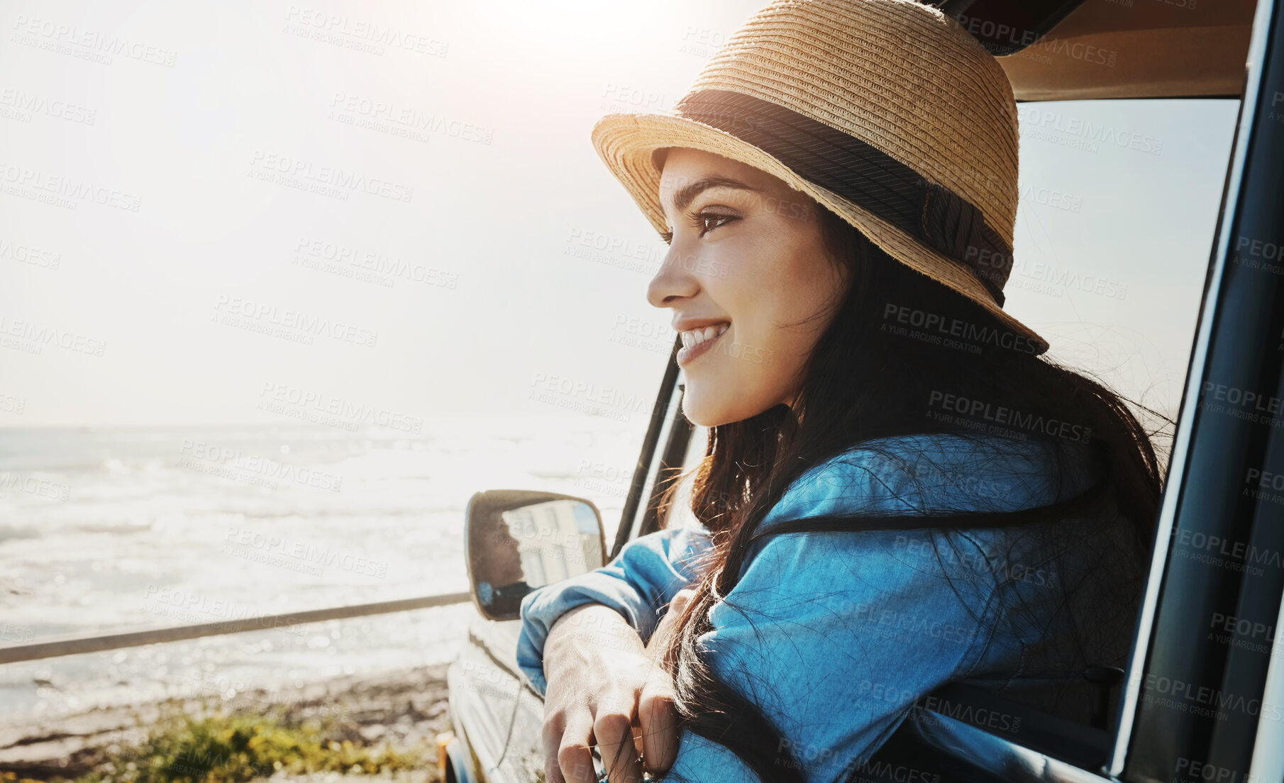 Buy stock photo Woman, car and travel with view of beach on promenade for adventure, fresh air and holiday with mockup. Person, happy and scenery of ocean or seaside on road trip with hat, wellness and fun journey