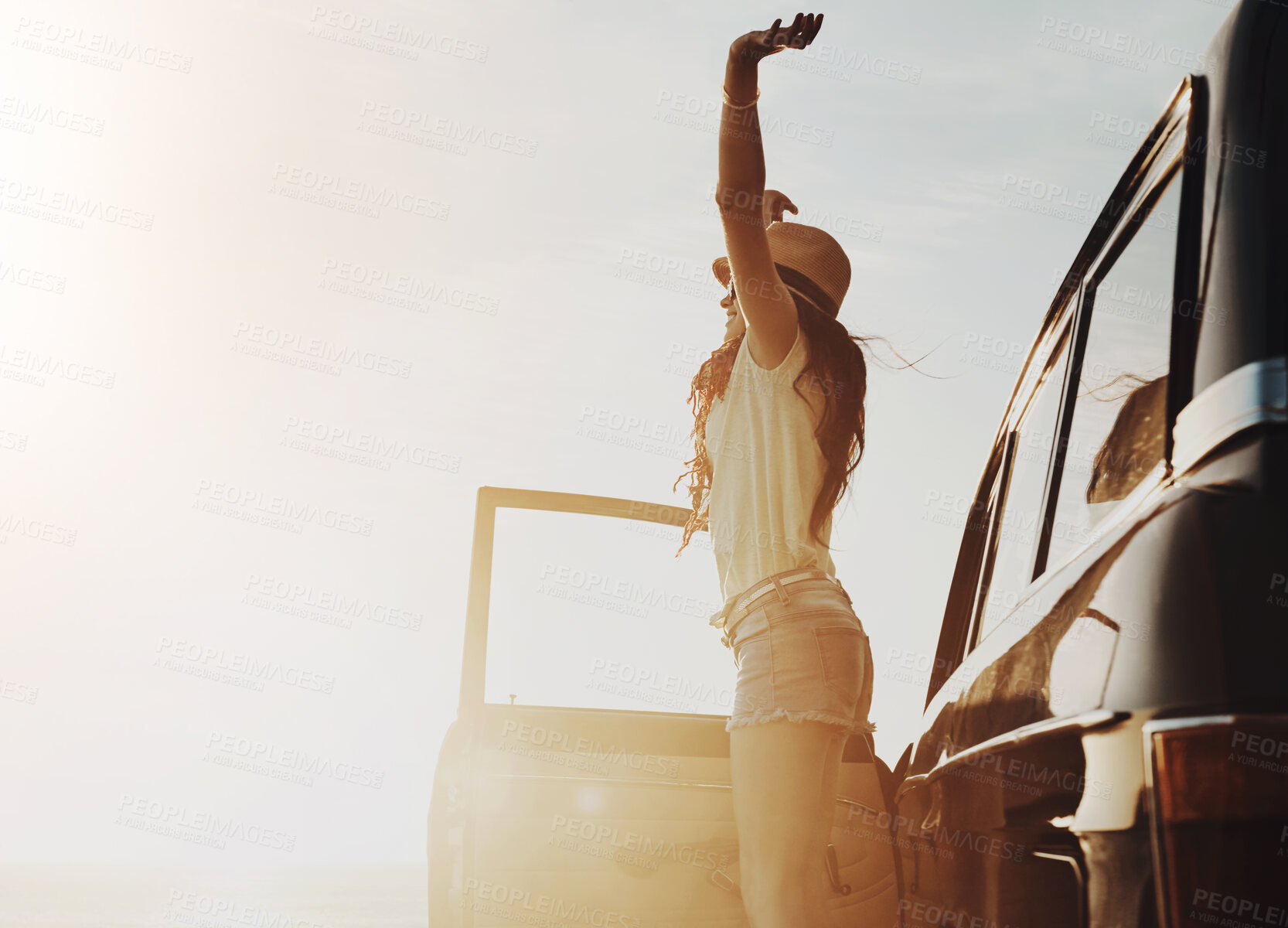 Buy stock photo Girl, relax and stretching with sunset by car for road trip, adventure or stop on outdoor journey. Young female person enjoying break, summer vacation or travel for freedom, view or drive in nature