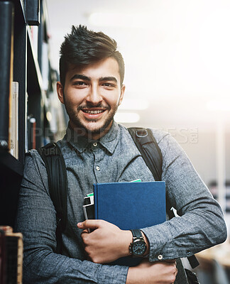 Buy stock photo University, library and portrait of man with books for knowledge, education or development. Scholarship, student and shelf with study material at campus for literature information, learning or growth