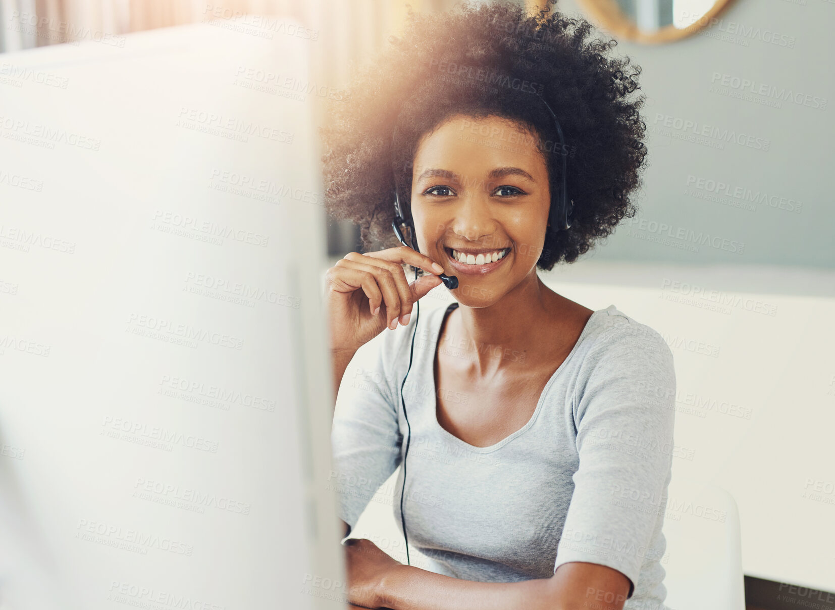 Buy stock photo Black woman, portrait and telemarketing smile in office for support business, communication with tech. Female person, insurance consultant or callcenter for company with help desk or advisory service