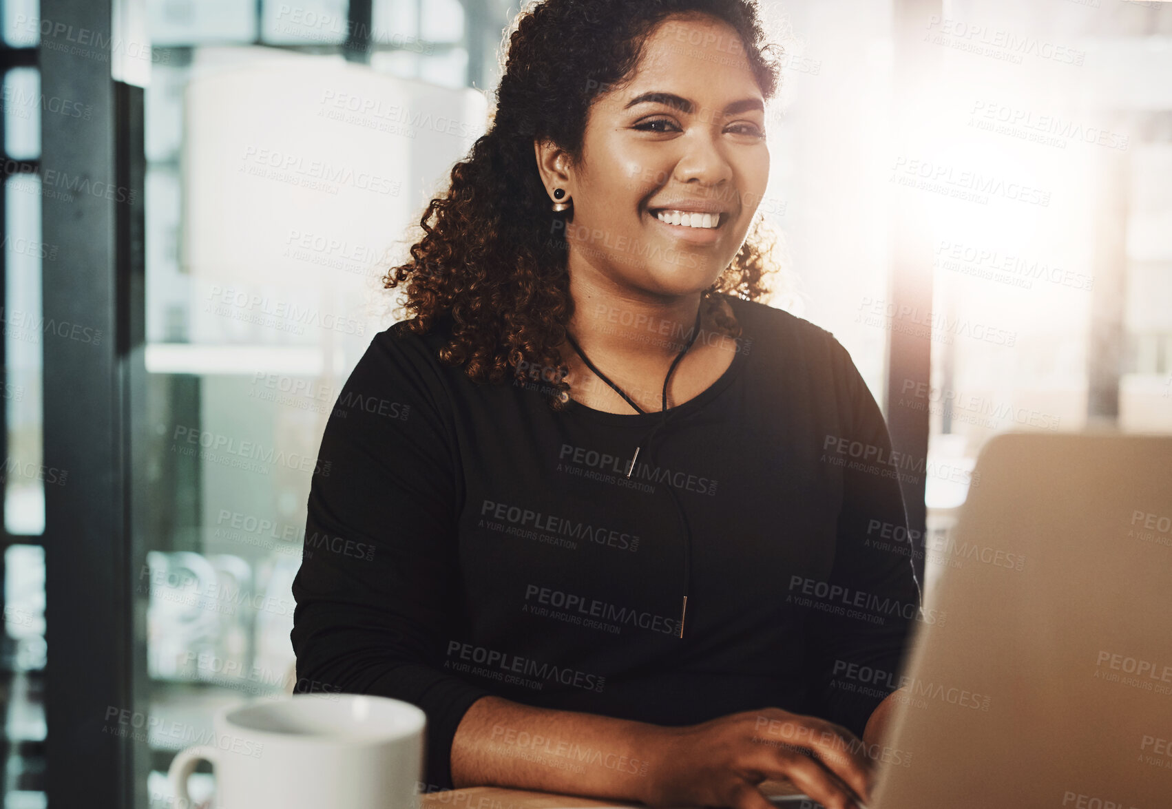 Buy stock photo Black woman, laptop and online in office portrait, journalist and typing article for column. Female person, writer project and website for business research, feature and professional for planning