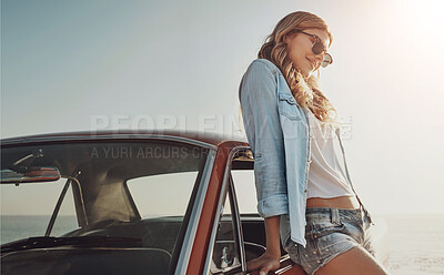 Buy stock photo Woman, road trip and happy outside or summer, weekend break and car travel or cross country journey in America. Relax, vehicle and carefree holiday or female person in sunshine, explore and adventure