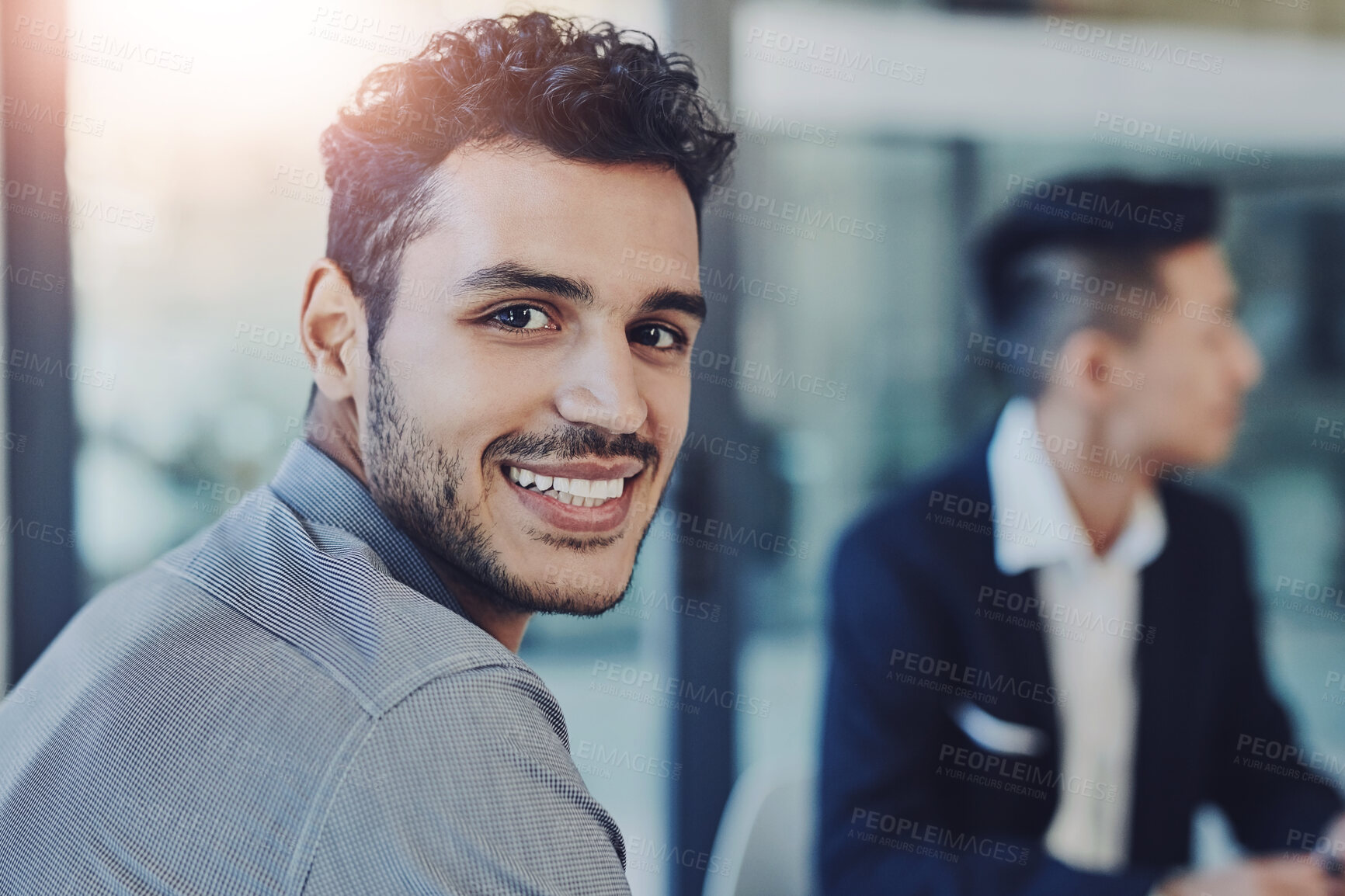 Buy stock photo Office, portrait and businessman in meeting, corporate and training workshop for project feedback. Boardroom, coworker or male consultant with smile for career, professional growth and confident