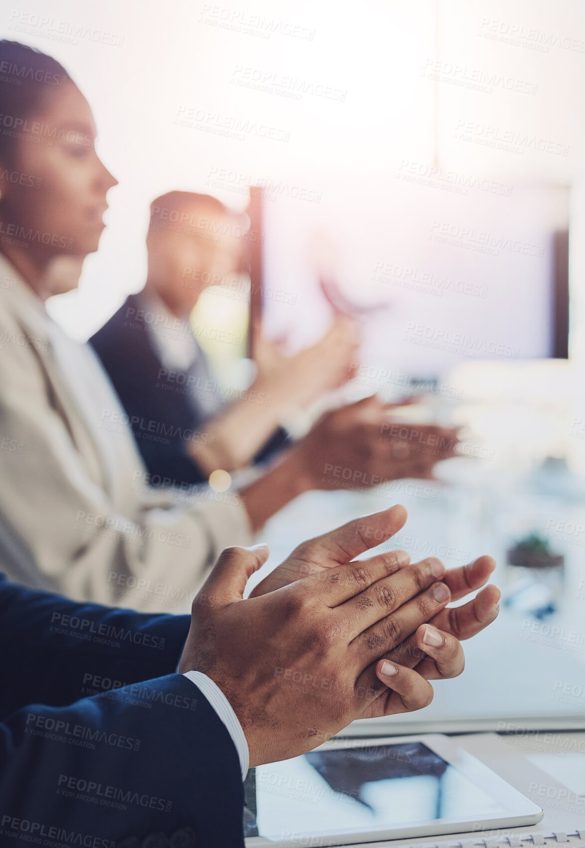 Buy stock photo Business, people and hands clapping in office, applause and celebration gesture for job well done or presentation. Cheering, goal and target achievement in boardroom, deal success and meeting