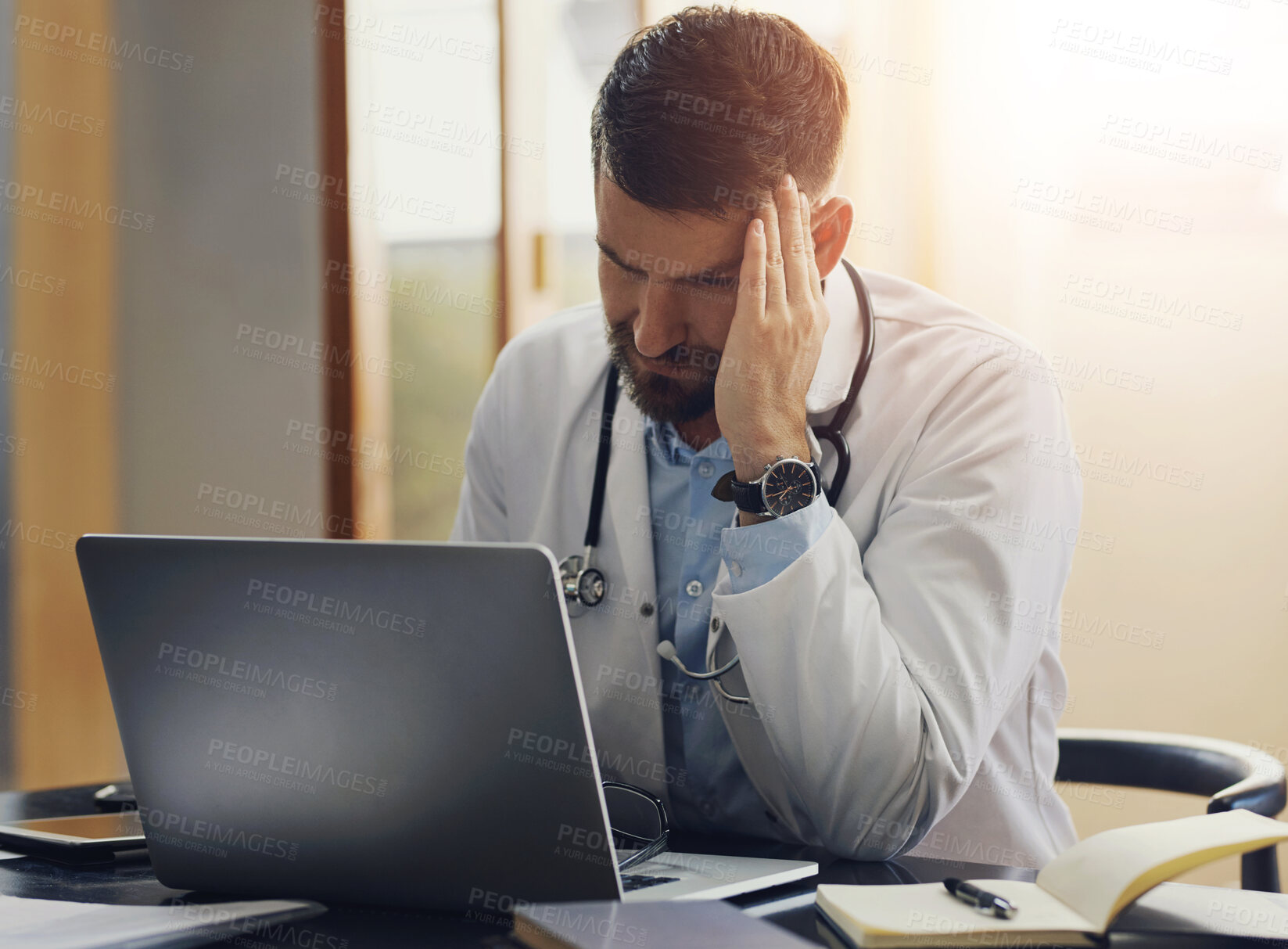 Buy stock photo Headache, healthcare and laptop with doctor in hospital of office for medical report or research. Anxiety, burnout and computer with medicine professional in clinic for cardiology or problem solving