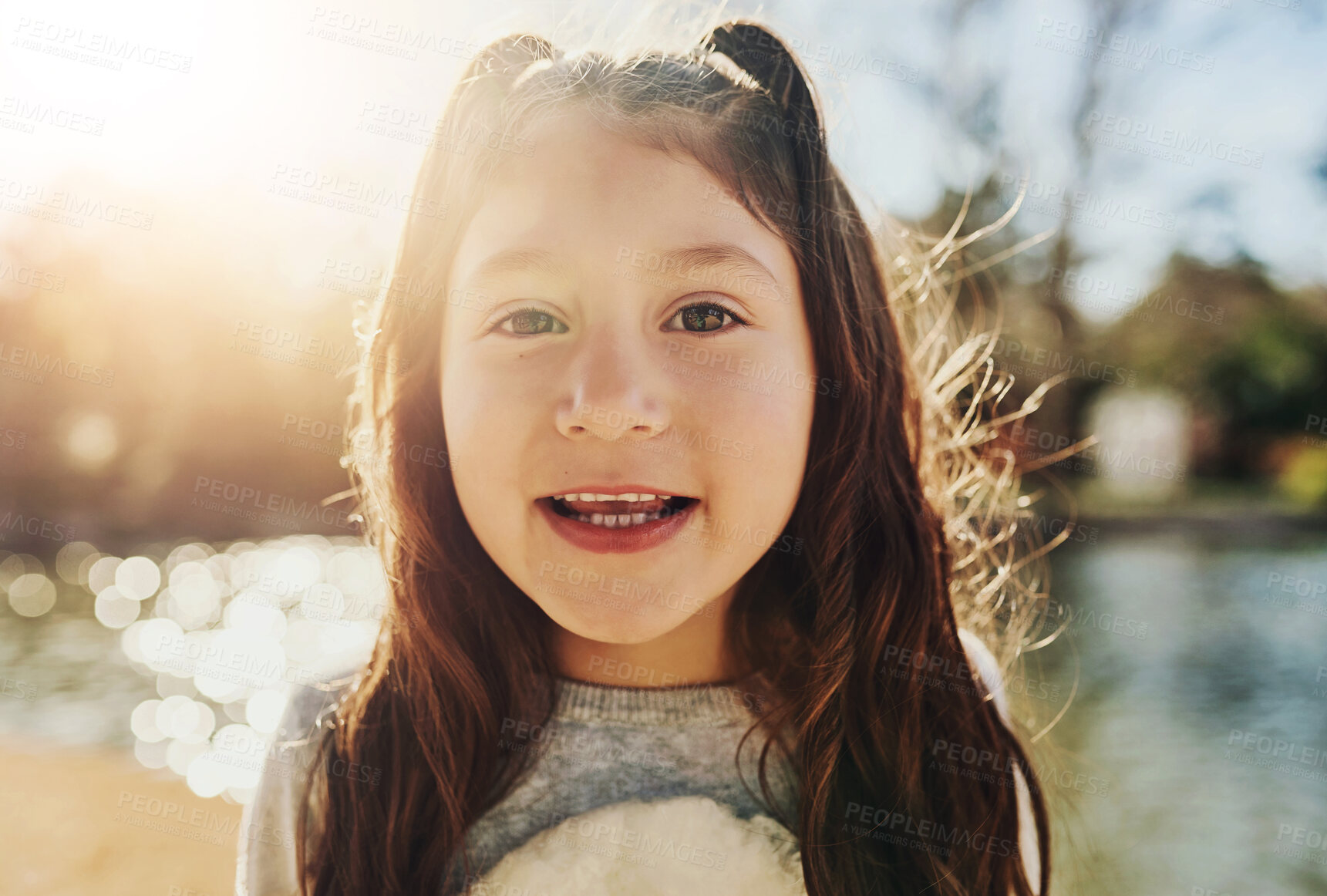 Buy stock photo Happy, nature and portrait of girl child on vacation, adventure or holiday for sightseeing journey. Smile, face and kid student in forest with positive attitude for school travel trip in Canada.