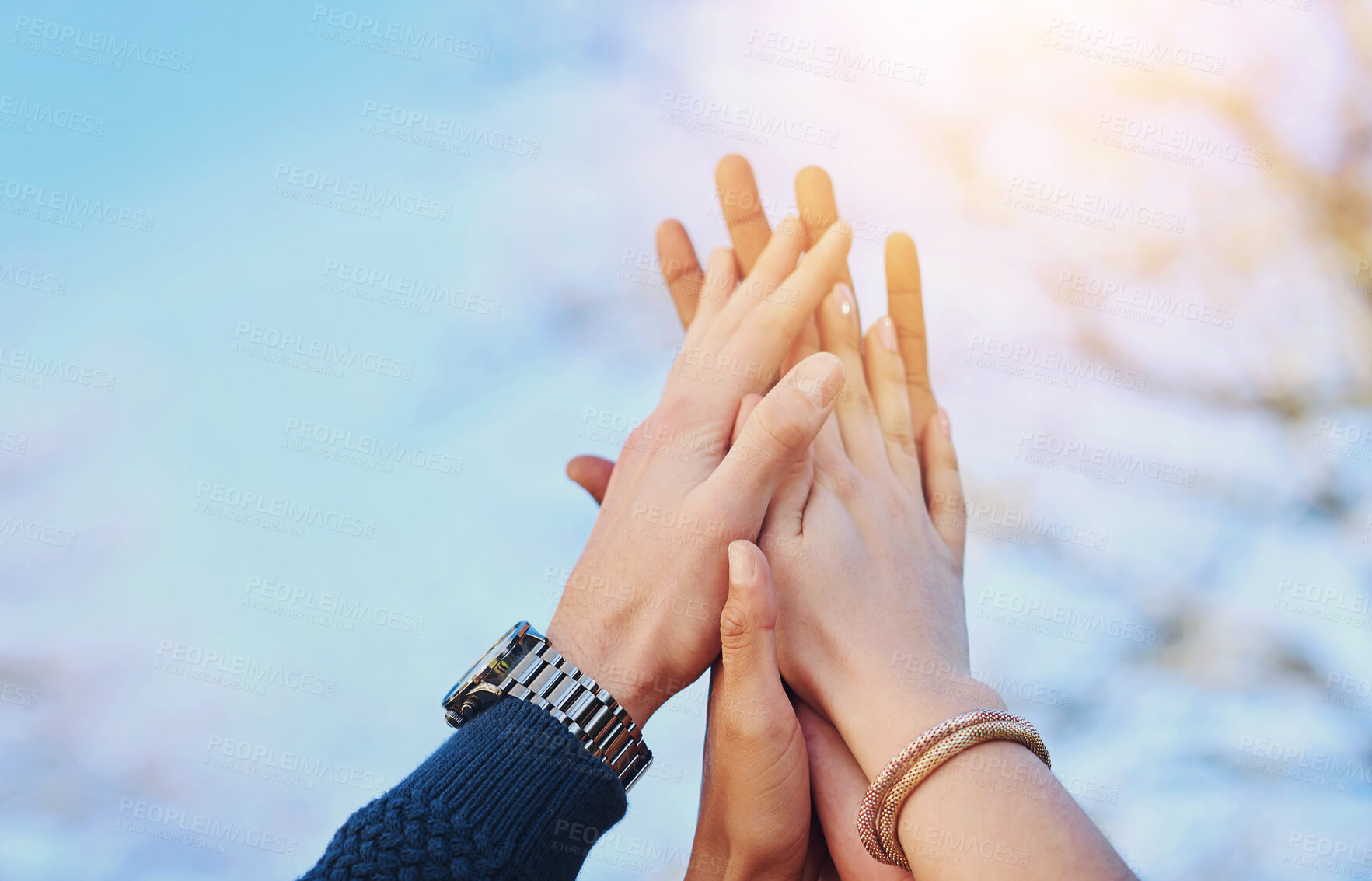 Buy stock photo Hands, high five and support for people in nature with solidarity and trust in backyard. Community, friends and together in garden for collaboration, motivation and success or achievement outdoor