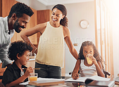 Buy stock photo Happy family, morning and orange juice with homework for vitamin C, breakfast or education on kitchen table. Mother, father and children studying with help from parents for learning together at house