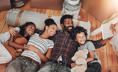 Buy stock photo Carpet, family and selfie on floor in new home to capture memory of growth or real estate investment. Love, milestone or property with mom, dad and children in living room of apartment from above