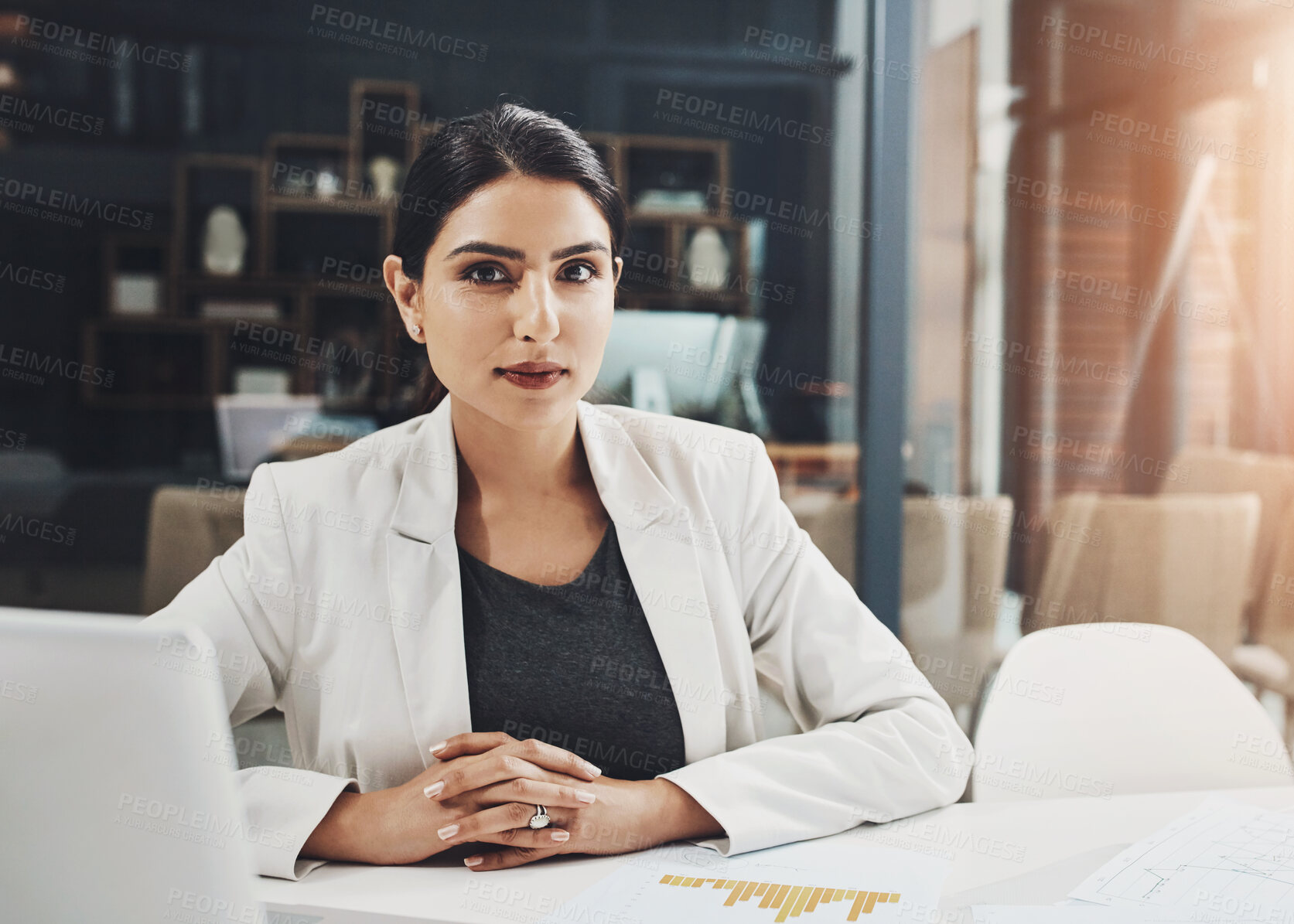 Buy stock photo Businesswoman, portrait and stats in office for finance, research for economy forecast or tax. Female accountant, corporate and planning with chart and laptop for budget, review of company savings