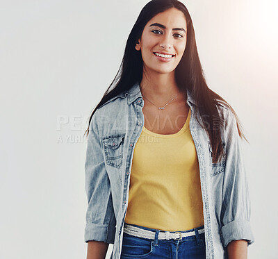 Buy stock photo Smile, fashion or portrait of woman in studio with summer style, confident or happy with space. Gen z girl, accessory or trendy clothes on white background for comfort, positivity or satisfaction