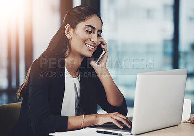 Buy stock photo Business woman, phone call and laptop in office for client conversation, schedule appointment and research. Female lawyer, mobile chat and computer with case feedback, verdict discussion and advice