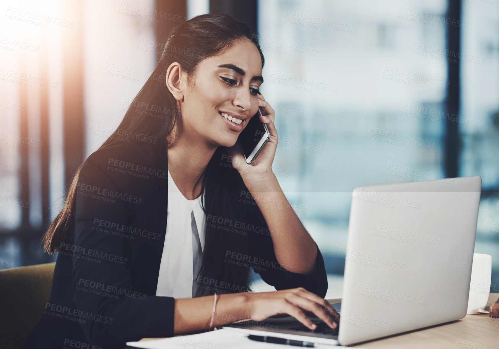 Buy stock photo Business woman, phone call and laptop in office for client conversation, schedule appointment and research. Female lawyer, mobile chat and computer with case feedback, verdict discussion and advice