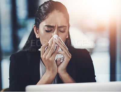 Buy stock photo Woman, working and blowing nose in office with tissue, flu or cold as accountant in finance agency. Female person, sick and unhealthy with sneeze, hay fever or sinus infection with allergy or virus