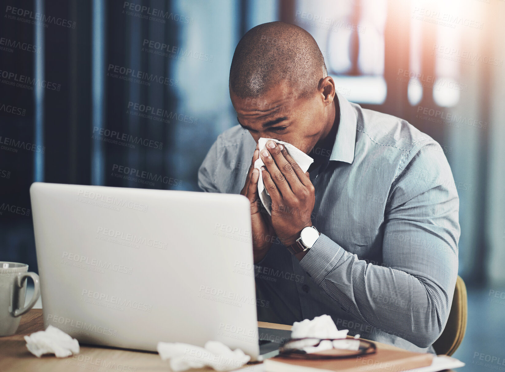 Buy stock photo Businessman, blowing nose and flu with tissue in office for bacteria, viral disease or sinus congestion. Professional, lawyer and sick with laptop by desk for virus, info and infection of LB.1 covid