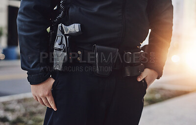 Buy stock photo City, police officer and body of person with uniform for crime watch, protection and authority. Legal, justice and law enforcement with gun for patrol, responsibility and public safety in Brooklyn